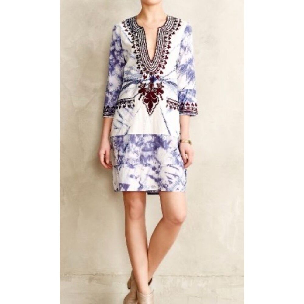 Twelfth Street by Cynthia Vincent embroidered 3/4 sleeve tie dye shirt dress
